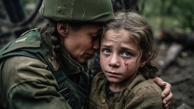 Ukrainian Soldier holds a child refugee little girl sad from being forced to flee her home. Child in the war conflict on the ruins, the concept of peace and war, sad child. Humanitarian disaster