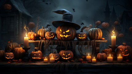 Wicked Harvest: Halloween Illustration of a Pumpkin table with a Witch Head, candles and more - Generative AI, Generatieve, AI