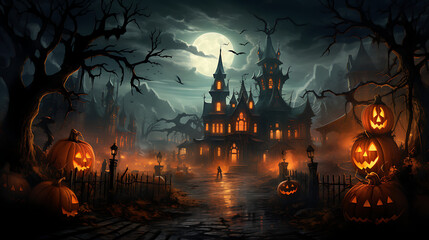 Fototapeta na wymiar Nightfall's Enchantment: Spooky House with Pumpkins, Moon, and More, Haunting atmosphere, Dark fantasy, Generative AI, Generatieve, AI