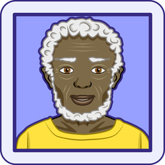 Avatar profile pic of senior man with white curly hair and beard, brown eyes and dark skintone. Vector illustration.