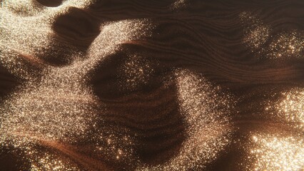 Abstract background, glitter texture illustration. Glowing desert sand landscape. Golden, yellow, brown lines and waves. Sparkling terrain. Luxury fashion style wallpaper. 4K 3D Render © Alesya