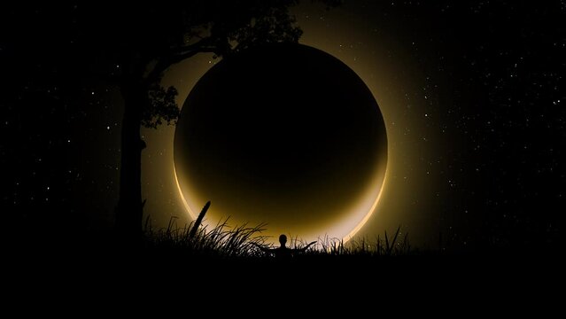 A man in a lotus position in nature meditates at night, arms folded above his head, against the background of the starry sky and a yellow total lunar eclipse. Video animation 4k 60 fps.