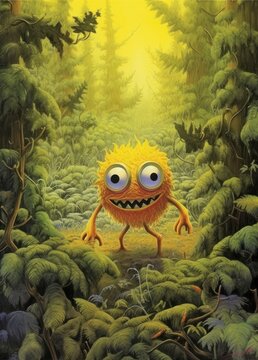 Disegno fantasia, Illustrazione, Simpatico sgorbio, Fumetto, Cartone animato, Mostriciattolo, Creatura. PICCOLO MOSTRICIATTOLO BUONO GIALLO. Sgorbio giallastro dagli occhi grandi. Generative AI