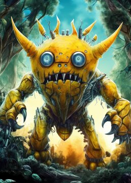 Sfondo fantasia, Illustrazione, Robot, Stile fumetto, Cartone animato, Mostro, Creatura. CREATURA IBRIDA GIALLA. Sgorbio giallastro ibrido (met&agrave; macchina met&agrave; creatura) dai denti aguzzi. Generative AI