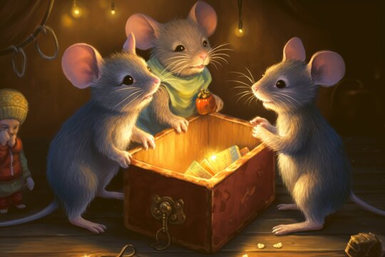 Sfondo, disegno, topi, topolini, fiabesco, illustrazione, stile fumetto, cartone animato. Tre topolini si guardano in atmosfera fiabesca davanti ad uno scrigno ricco di preziosi tesori. Generative AI