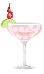 Vector illustration of a pink cocktail with ice cubes and a slice of lime and strawberries on a white background in a flat style. Suitable for menu design, food stickers, scrapbooking.