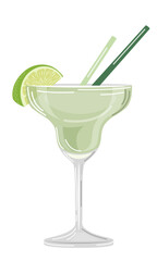 Vector illustration of a green cocktail with a slice of lemon and cocktail tubes on a white background in a flat style. Suitable for menu design, food stickers, scrapbooking.