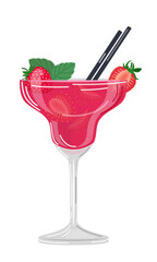 Vector illustration of a pink cocktail with a slice of strawberries, mint leaves and tubules on a white background in a flat style. Suitable for menu design, food stickers, scrapbooking.