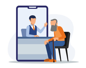 Money agent talking with old man. Talk with online bank manager. Modern finance management. Concept of digital bank services and communication. Vector flat illustration in blue and orange colors