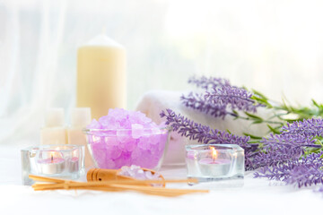 Obraz na płótnie Canvas Soft and focus. Spa beauty massage health wellness background.  Spa Thai therapy treatment aromatherapy for body woman with lavender flower nature candle for relax and summer time.