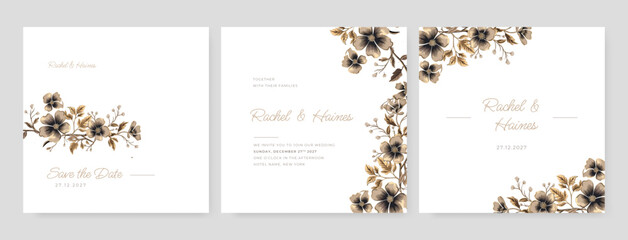 Fototapeta na wymiar Vector wedding invitation card template set with watercolor floral and gold glitter decoration