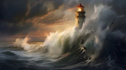 Fotobehang Spectacular lighthouse provide light during a large storm on the seashore. © Tremens Productions