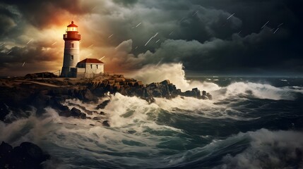 Fototapeta na wymiar Spectacular lighthouse provide light during a large storm on the seashore.