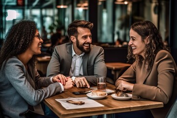 Business colleagues chatting together on a break at cafe.