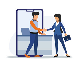 Man shaking hands to banking worker and talking with online bank managers. Modern finance management. Concept of digital bank services and communication. Vector flat illustration