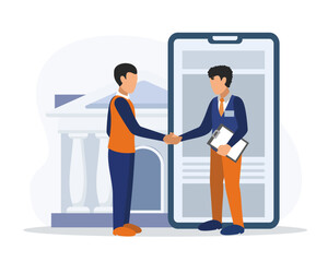 Worker in office clothes holding clipboard and shaking hands with client. Business investment profit and valuable economic resources. Savings and deposit concept. Vector flat illustration