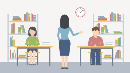 School or college lesson vector. Teacher in class in front of students. 