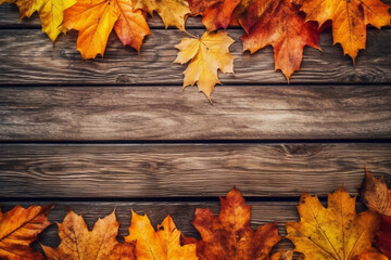 Naklejka na ściany i meble Autumn maple leaves lying on wooden boards, background with space for text