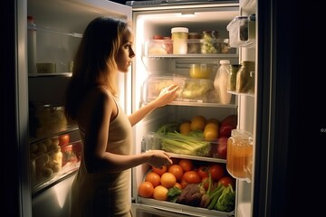 Beautiful young woman searching for food inside the fridge at night.