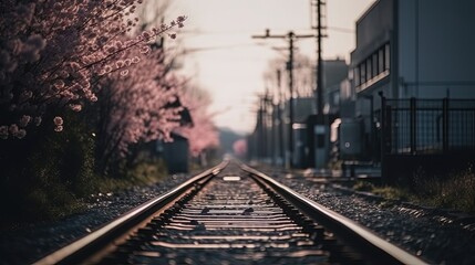 Obraz premium Railway surrounded by cherry blossoms. Generative AI
