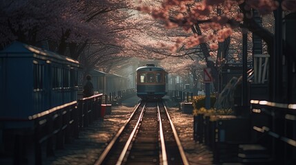 Naklejka premium Railway surrounded by cherry blossoms. Generative AI