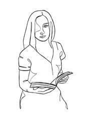 Continuous one line drawing of a woman reading a book. Vector illustration.