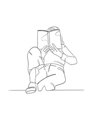 Continuous one line drawing of a woman reading a book. Vector illustration.