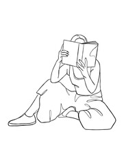 Continuous one line drawing of a woman reading a book. Vector illustration.