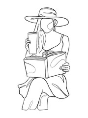 Continuous one line drawing of a woman reading a book. Vector illustration.