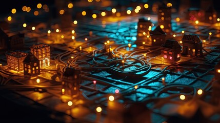 Tangled glowing city maze. Fantasy labyrinth. Generative AI