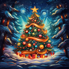 Beautiful decorated snowed in christmas tree in a cold winterlandscape Generative AI technology