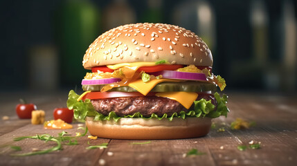 Appetizing burger with cutlet, cheese and vegetables, generative AI.