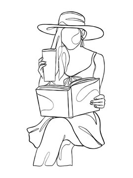recommend clip art: Continuous one line drawing of a woman reading a book. Vector illustration.