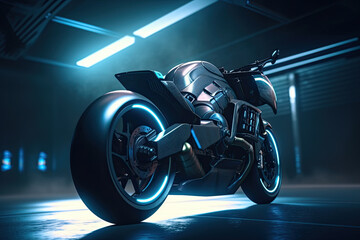 Generative AI of a brand-less generic concept motorcycle in neon light
