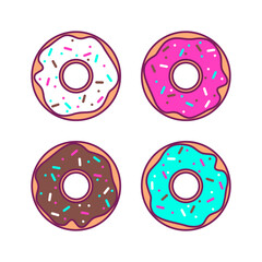Colorful Cartoon Doughnut Set: Vector Illustration. Vibrant and delightful vector illustration featuring a set of cartoon-style doughnuts in various flavors and designs