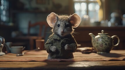 Cute mouse character. Little mouse on the table.  Generative AI