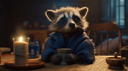 Baby raccoon in blue cape. Cute raccoon at the table. Generative AI