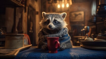 Baby raccoon in blue cape. Cute raccoon at the table. Generative AI
