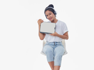 Woman showing tablet on white background
