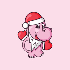 pink hippo in red santa claus hat and mittens