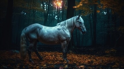 Unicorn in a night forest. Generative AI