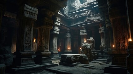 Underground dark temple. Cavern with columns. Created with Generative AI