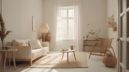 White cozy living room with sunlight. Created with Generative AI 