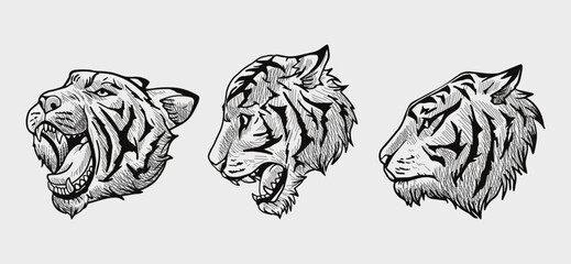 black and white tiger head vector illustration consisting of three images