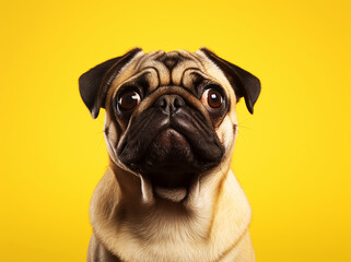 Dog pug,winks,with a big smile, sitting on a white background, generative Ai.