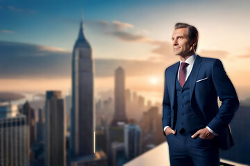 Fototapeta na wymiar Happy wealthy rich successful business man standing in big city modern skyscrapers street on sunset thinking of successful future vision, dreaming of new investment opportunities. Generative AI
