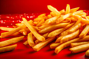 Crispy french fries with salt and ketchup sauce. Freeze motion shot of falling fresh chips on red background. Delicious fast food.