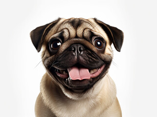 Dog pug,winks,with a big smile, sitting on a white background, generative Ai.