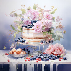 birthday cakes watercolor cake very beautiful dessert with flowers and fruits, Generative AI technology.