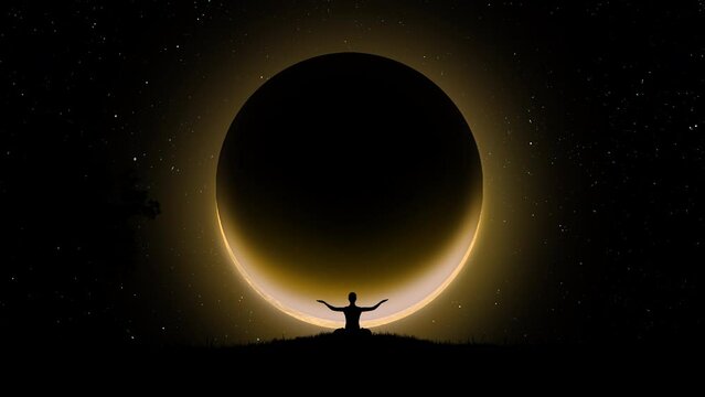A man in a lotus position in nature meditates at night, arms folded above his head, against the background of the starry sky and a yellow total lunar eclipse. Video animation 4k 60 fps.